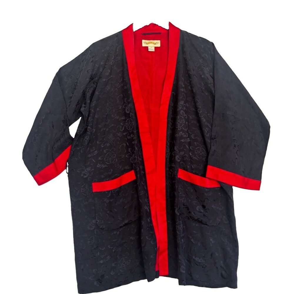 Shanghai Tang Silk Kimono Jacket Women’s Small Black Red Reversible Open Front